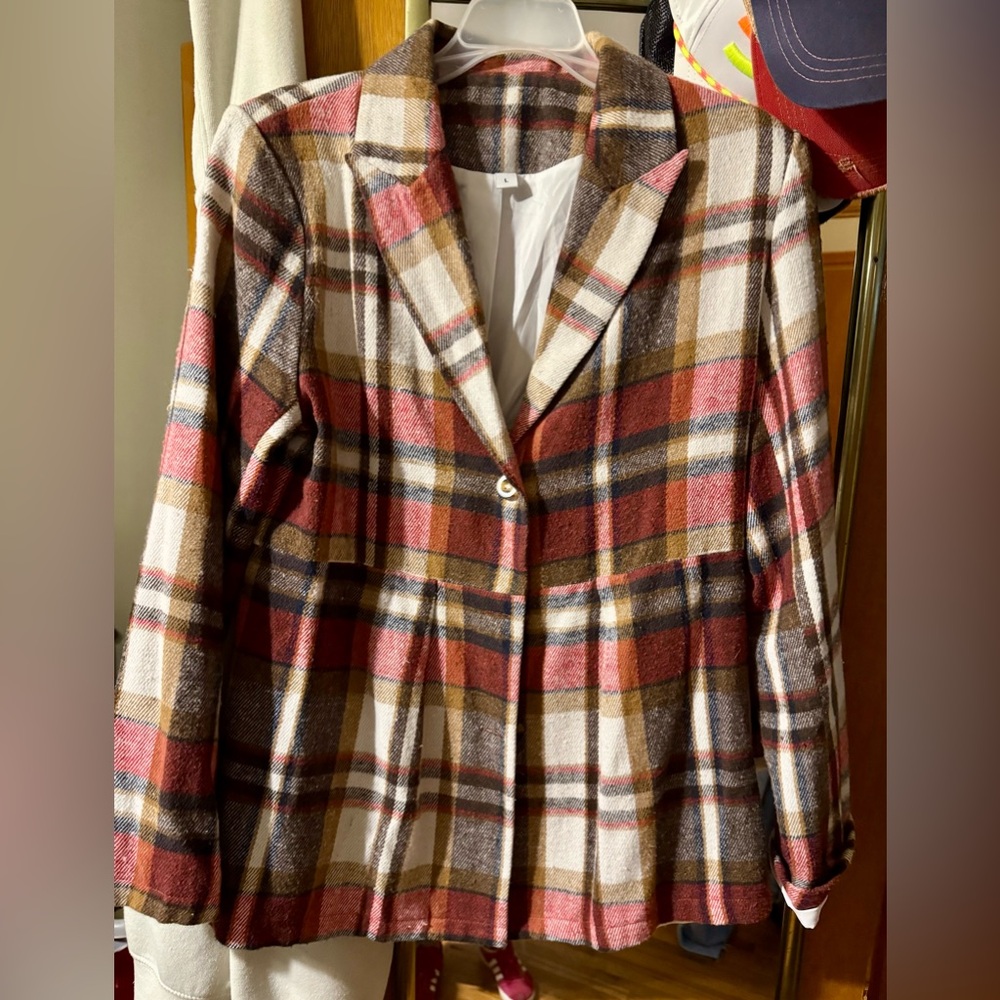🔥Plaid Women's Jacket/Blazer - Red, Brown, Cream Size Large